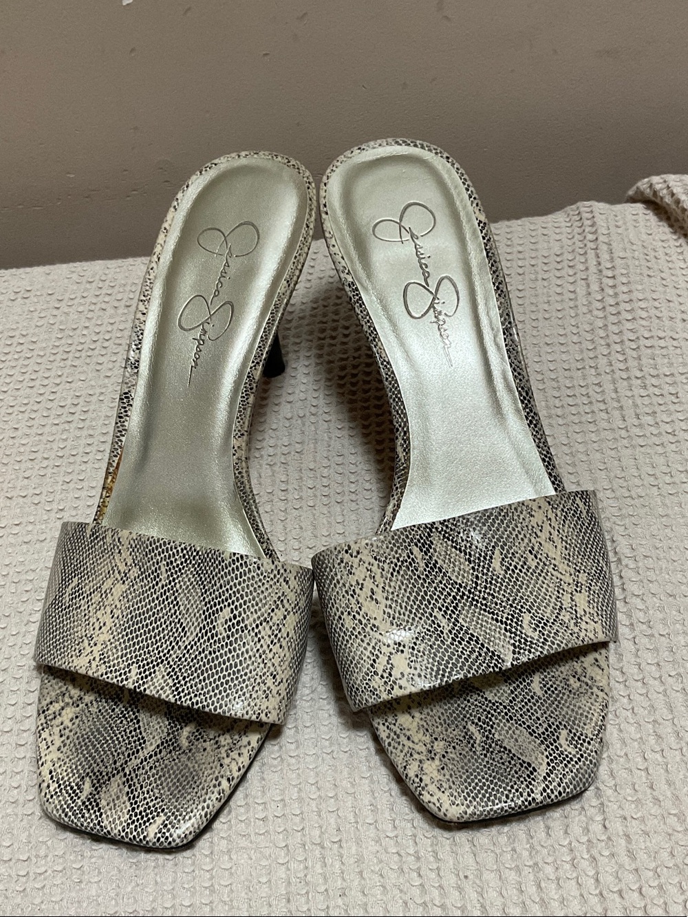 Jessica Simpson Taupe Snake-Print Slide Mules